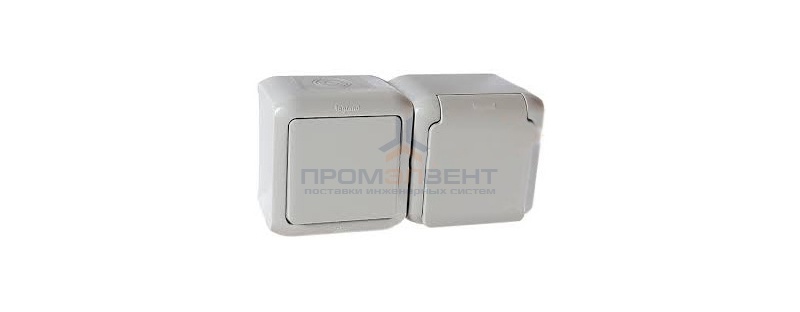 Розетка+выключатель IP44 Legrand Quteo с заземлением со шторками серая